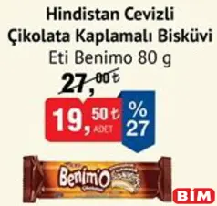 ETİ BENİMO HİNDİSTAN CEVİZLİ ÇİKOLATA KAPLAMALI BİSKÜVİ 80 G ETİ BENİMO HİNDİSTAN CEVİZLİ ÇİKOLATA KAPLAMALI BİSKÜVİ 80 G